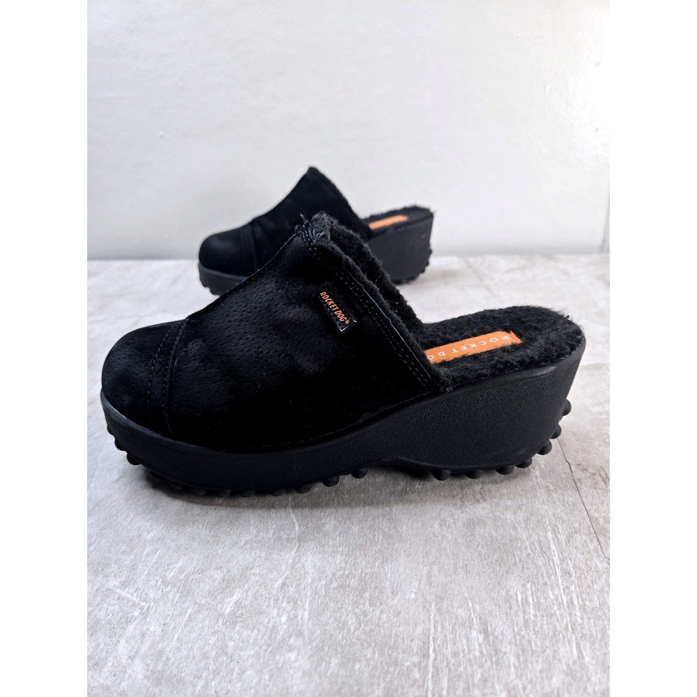 Rocket Dog Platform Mules 7.5 Black Suede Faux Fur Wedge Slip On Y2K Chunky Shoe